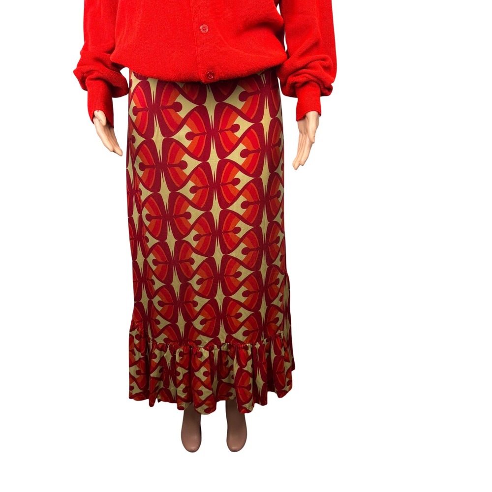Totem Brazilian Viscose Maxi Skirt Red Orange Retro Butterfly Boho Size 1